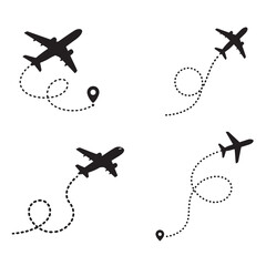 Travel concept Dotted path airplane Aircraft tracking. Line path vector icons of air plane flight routes with start point and dash line trace