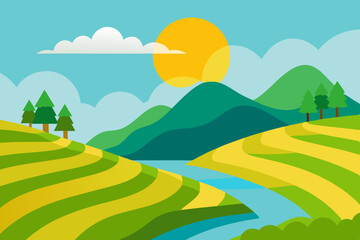 Fototapeta premium Summer mountain landscape with green fields and blue sky, a panoramic nature view