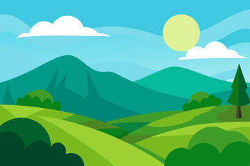 Fototapeta premium Serene Mountain Landscape Rolling Hills, Lush Green Meadows, and a Sunny Sky