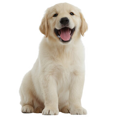 Happy golden retriever puppy sitting with a joyful expression. Fur is soft and fluffy, showcasing a friendly and playful demeanor, perfect for pet-related content.