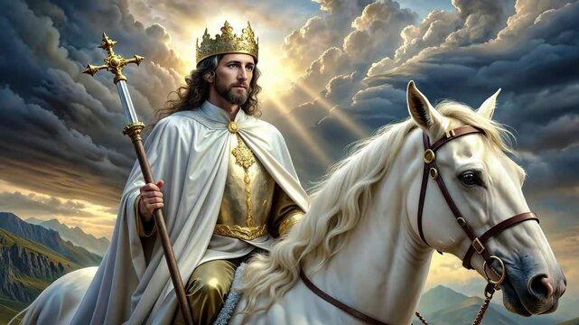 Jesus Christ with the name of Michael sitting on a white horse Victory over the forces of evil