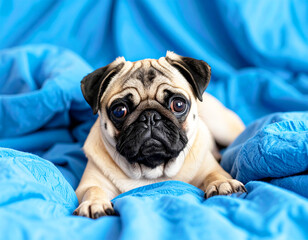 An old pug laying on a blue blanket. AI
