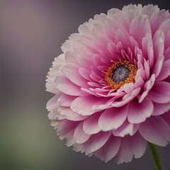 Close-up of a beautiful pink flower with delicate petals and dew drops on a soft gradient background

