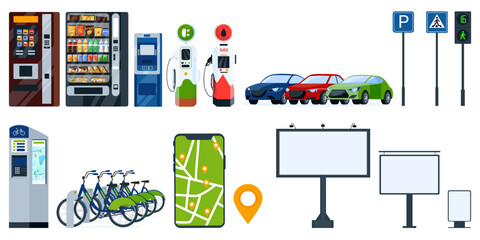 Urban infrastructure vector icons. City tech design elements ATM, vending machine, car or bike rental, charging station