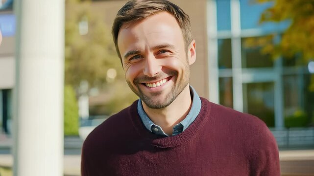 Smiling Young Man Talking Outdoors Close-up