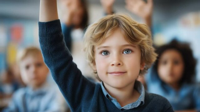 Engaged Children Raising Hands in Classroom Setting
