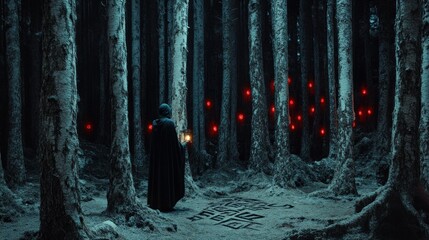 Enigmatic figure with lantern in the forest of glowing orbs and mysterious glyphs