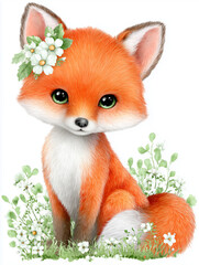 Fototapeta premium hand-drawn watercolor illustration of cute cartoon fox with flower,watercolor of animal on white paper background