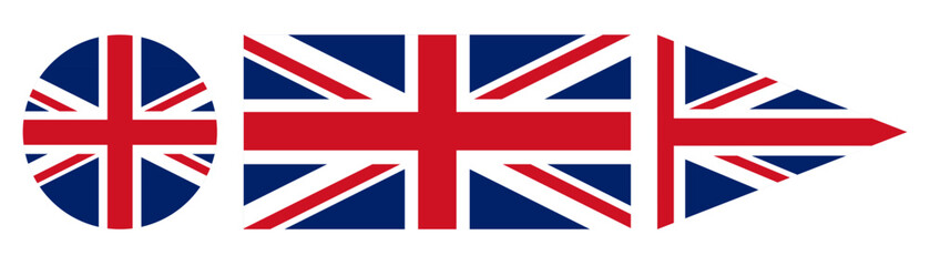 Set of United Kingdom flags in circle, rectangle, and pennant shapes, featuring the iconic Union Jack design, isolated on white background