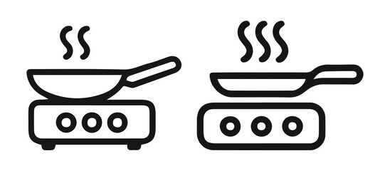 Frying Pan on Hot Plate with Steam Icons Set vector illustration.