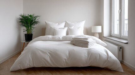 Obraz premium White bed with a plant on a table next to it