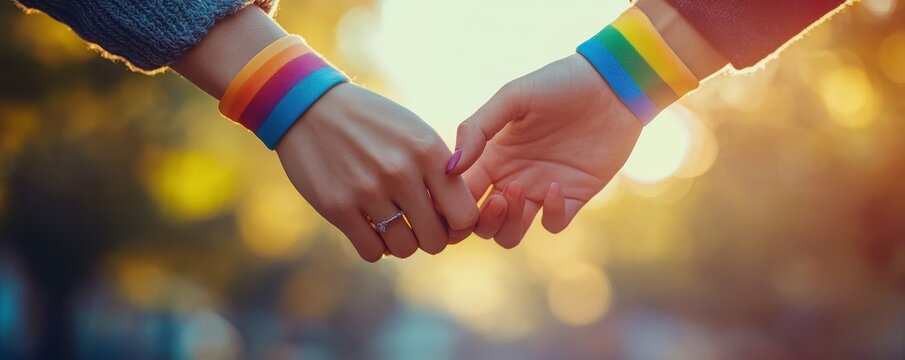 Celebrating love and unity lgbtq+ pride hands intertwined in a sunset urban park setting