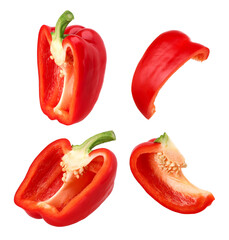 half red sweet bell pepper and slices isolated, transparent PNG, PNG format, Fresh red bell pepper