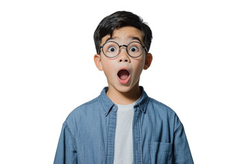 Wow look, advertise here! Portrait of boy with to empty place on background, Elementary school child surprised showing copy space for promotional ad. indoor studio shot PNG