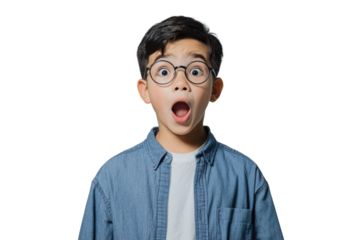Wow look, advertise here! Portrait of boy with to empty place on background, Elementary school child surprised showing copy space for promotional ad. indoor studio shot PNG