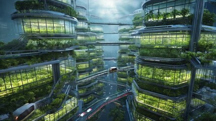 Overhead time-lapse autonomous vehicles bridges green pods, vehicles adapt real-time plant growth, ground dark, photosynthesis generated energy greenhouse inspired by eco-architecture. 4k