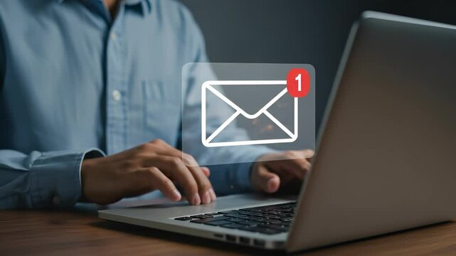 New Email! Man Typing on Laptop - Email Notification, Inbox Message, Communication, Business, Technology