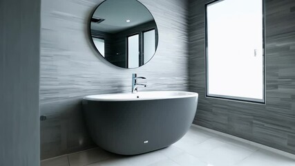 Camera glides through chic grey and white bathroom highlighting tub toilet illuminated mirror pristine K supplying real estate showreels interior design video demos smart home ads clean visual tour
