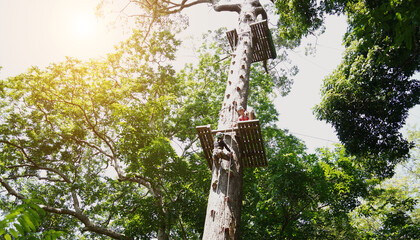 A man and a woman is walking across a challenging ropes course in the extreme park