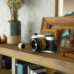 Vintage Camera on a Wooden Shelf with a Roll of Film