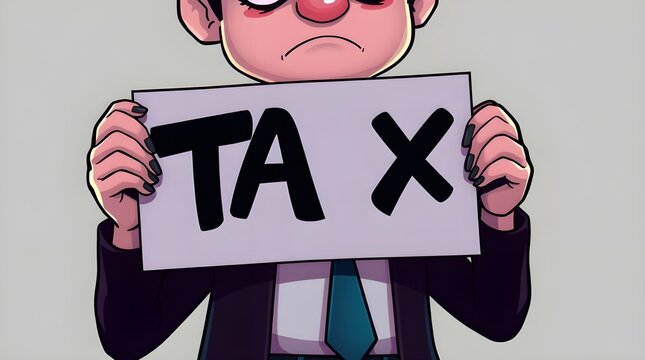 	a man(like cartoon wering tiecoat business man.) hold tax text board in his shoulders