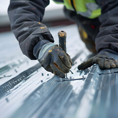 Worker Securing a Metal Panel to a Commercial Building