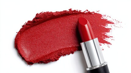 Red lipstick is shown with a red line of lipstick on a white background