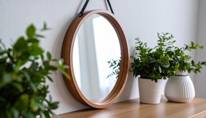 Close-up of a round mirror with natural light reflection. Clean, minimal, and ideal for interior or design themes.