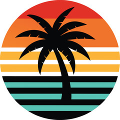 Palm island vector silhouette on retro striped sunset