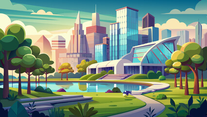Modern architecture rises beside a peaceful park, blending nature with urban sophistication. The city skyline shimmers in daylight, reflecting across a vibrant landscape filled with trees, benches, an