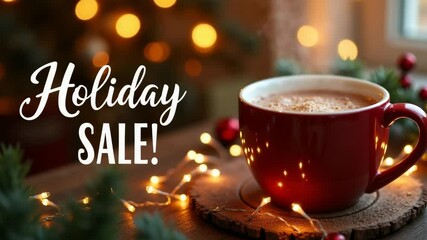 Cozy holiday-themed sale banner featuring warm glowing string lights, a steaming mug of cocoa, and the text 'HOLIDAY SALE!' in elegant calligraphy, evoking a festive and comforting desire to shop