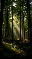 Fototapeta premium Sunbeams Through Forest Canopy Illuminating Mossy Undergrowth