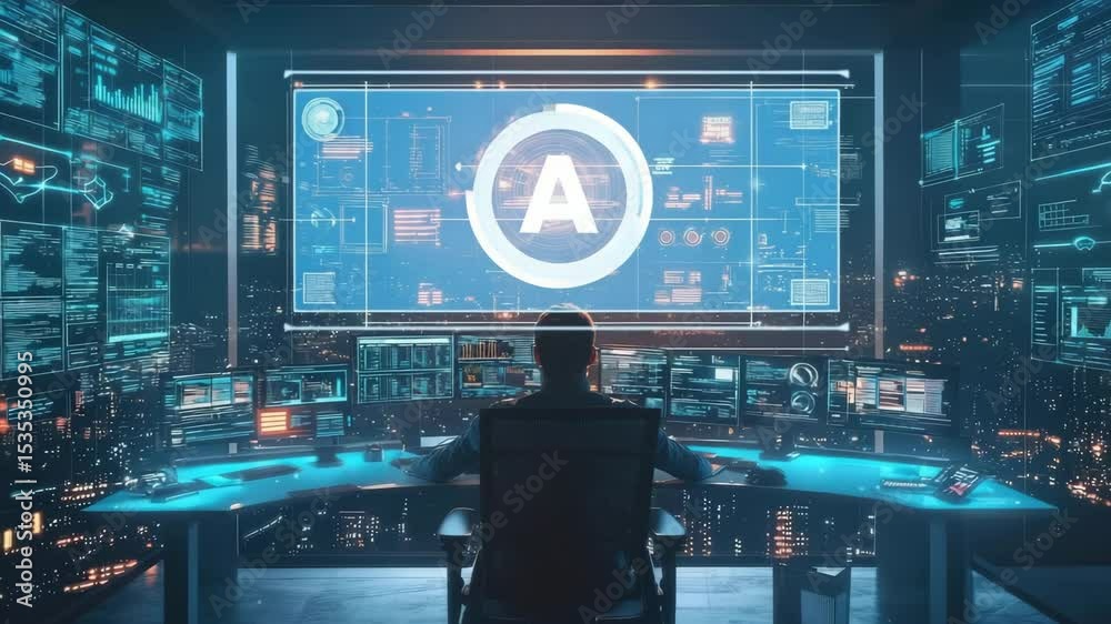 Aufkleber a person sits at a high-tech command center, surrounded by multiple futuristic digital screens showi