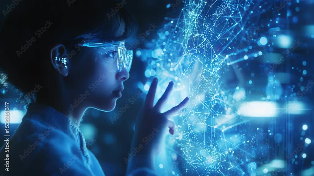 Poster A young person interacts with a glowing, futuristic digital network using augmented reality glasses in a high-tech environment.