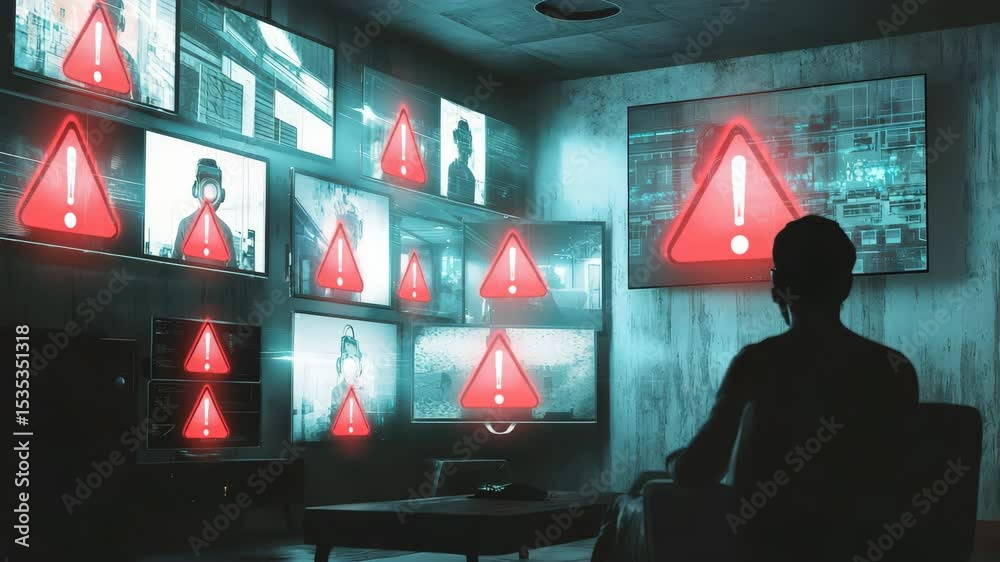 Poster A person sits in a dark room watching multiple surveillance screens displaying mysterious figures with glowing eyes.