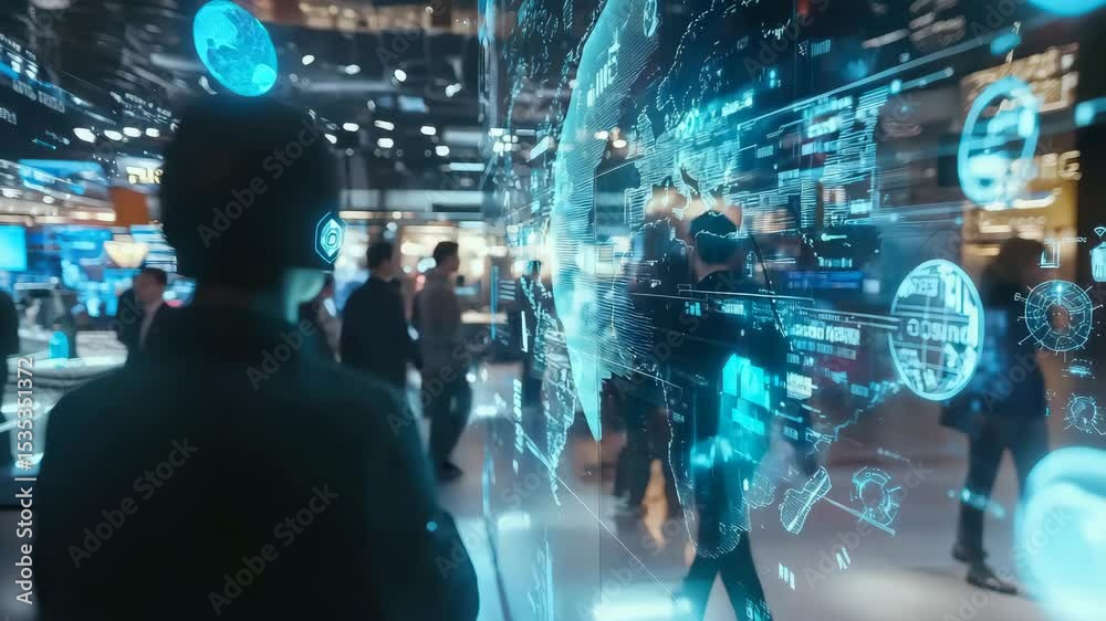 Poster A person interacts with a futuristic digital world map interface in a high-tech, bustling environment.