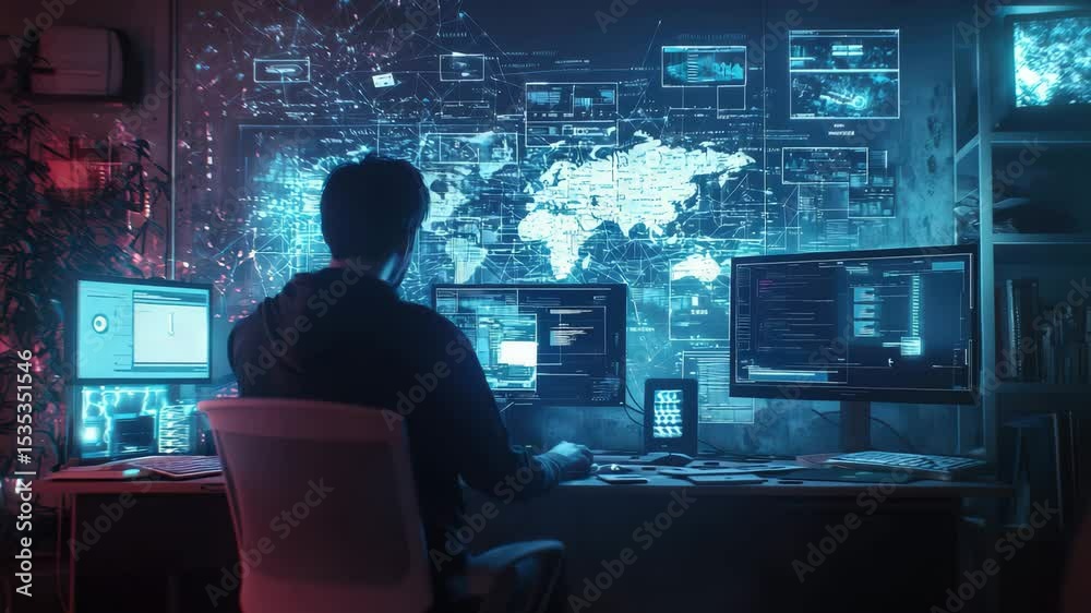 Poster A person sits at a workstation with multiple monitors, analyzing global data on a digital world map interface.