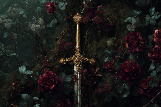 elegant golden sword is displayed vertically against a backdrop of deep greenery, with dark red roses and twisting thorny vines. The atmosphere is gothic and romantic, evoking themes of power, beauty