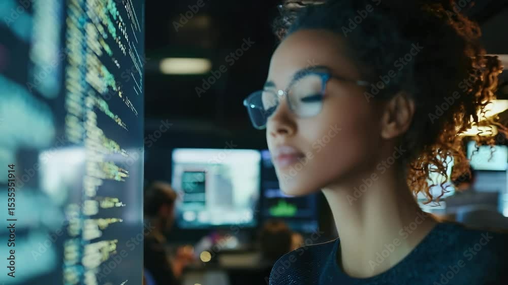 Poster a focused young woman with glasses closely examines code on a glowing computer screen in a dimly lit