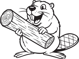 A black and white cartoon sketch of a beaver holding a log cartoon, sketch, black and white, black outline