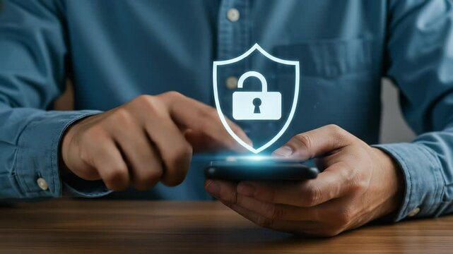 Unlocking Security: Man Using Phone with Shield & Open Padlock Icon - Data Privacy & Mobile Security Concept