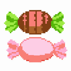 Pixel art wrapped candies, colorful retro sweets with green and pink wrappers vintage confectionery, digital game illustration