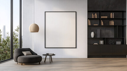 Modern Living Room Interior Design with Blank Canvas and City View