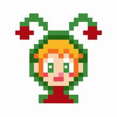 Obraz premium Pixel art elf with red and green festive hat cute holiday character, retro video game style, christmas portrait