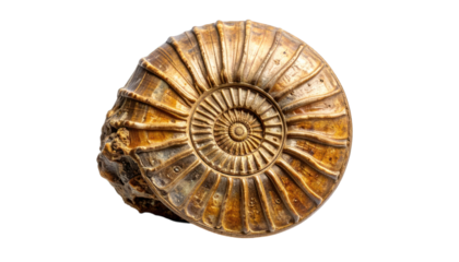 Fossil ammonite shell close up on transparent background