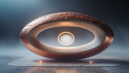 Bronze and concrete oval sculpture with illuminated sphere center on reflective surface