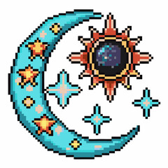 Obraz premium Pixel art crescent moon and sun with sparkling stars celestial retro design, vibrant cosmic night sky and universe motif