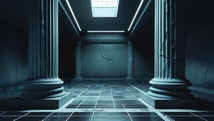 Dilapidated Hallway with Ionic Columns and Cracked Walls Lit by Overhead Skylight