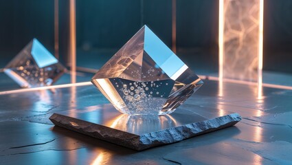 Abstract Crystal Pyramids on Rock Slab with Bubbles and Neon Reflections, Modern Art
