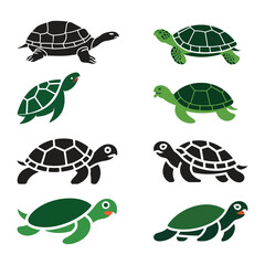 Minimalist Green black  Turtle and Tortoise Icon Set – Walking and Swimming Pose Vector